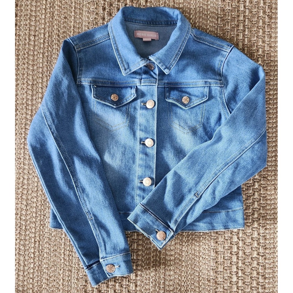 BCBG Girls Size 8 Blue Denim Jean Jacket Button Up Stretch Long sleeve